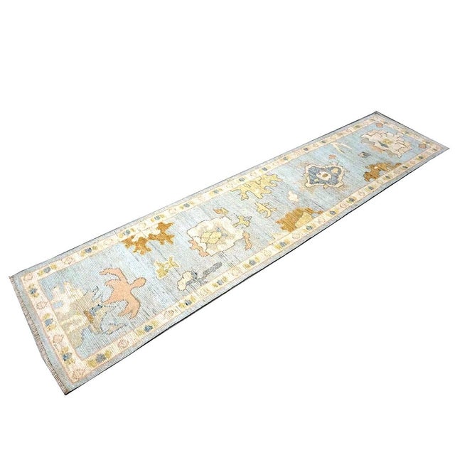Blue 21st Century Turkish Oushak Wool 2x10 Light Blue, Yellow & Ivory Handmade Runner Rug #1144116 For Sale - Image 8 of 11