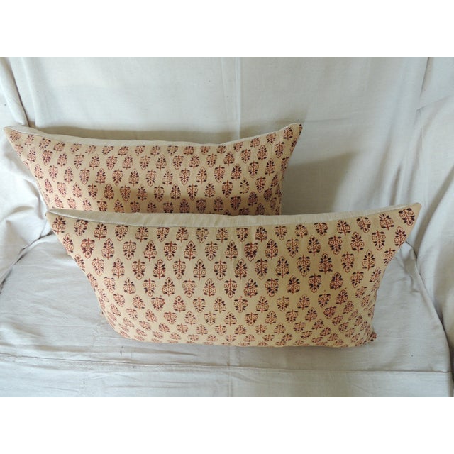 Vintage Orange Hand-Blocked Indian Print Decorative Long Bolsters Pillows - Set of 2 For Sale In Tampa - Image 6 of 6