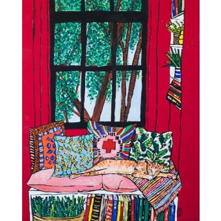 Sleeping Ginger Cat in Red Room Reading Nook Original Interior Painting After Matisse For Sale