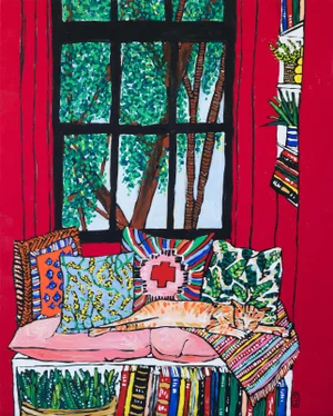 Sleeping Ginger Cat in Red Room Reading Nook Original Interior Painting After Matisse