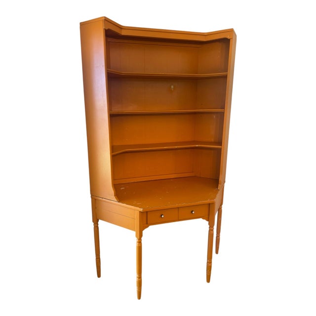 Ethan Allen American Traditional corner desk and removable bookcase hutch in a warm mustard\-orange painted finish\. The...