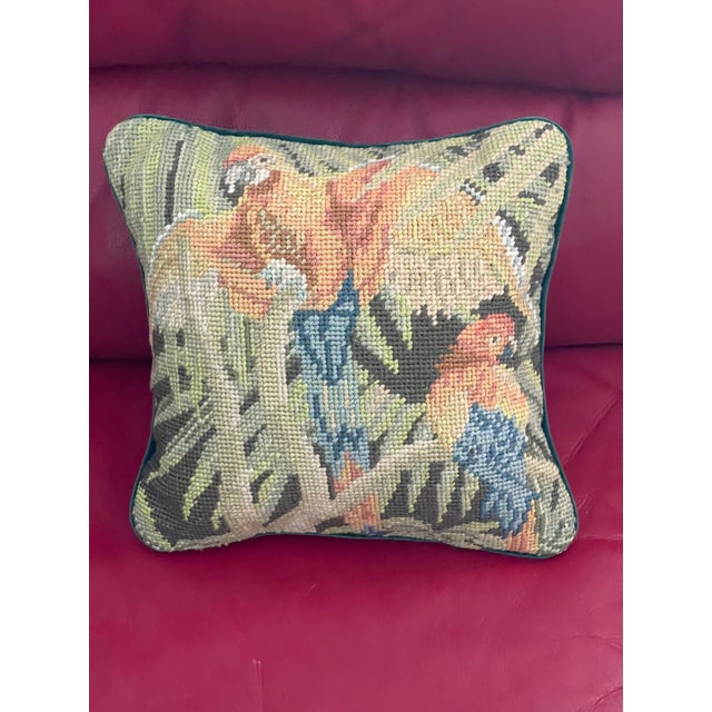 Safari Cute Vintage Needlepoint Small Pillow With Parrots For Sale - Image 3 of 3