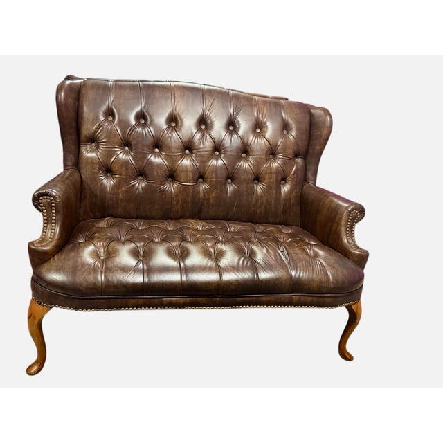 Animal Skin Vintage English Chesterfield Tufted Oxblood Leather Wingback Settee For Sale - Image 7 of 12