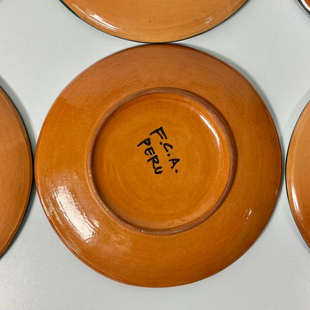 1950s Vintage Southwestern Folk Art Boho Chic Peruvian Terra Cotta Salad Plates - Set of 6. For Sale - Image 12 of 12