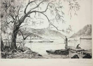 Camille Quesneville, Bords du Lac à Lausanne, Original Etching, 1955