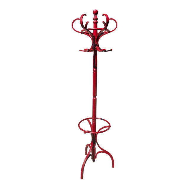 Red Wooden Vintage Hat/Coat Rack, Slight Condition Issue For Sale
