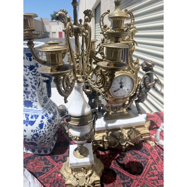 Vintage Imperial Italian-Style Gilt Metal, Marble & Cherub Clock Garniture Set For Sale - Image 4 of 10