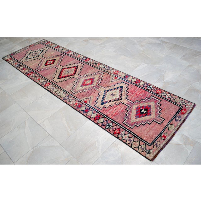 1960s 1960s Runner Rug Turkish Hand-Knotted Rug Pink Hallway Decor Kitchen Runner 3x10 Ft Approx For Sale - Image 5 of 14
