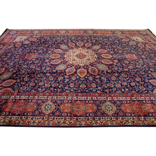 1960s 1960s Vintage Persian Tabriz Navy Blue Handmade All-Over Medallion Wool Rug For Sale - Image 5 of 7