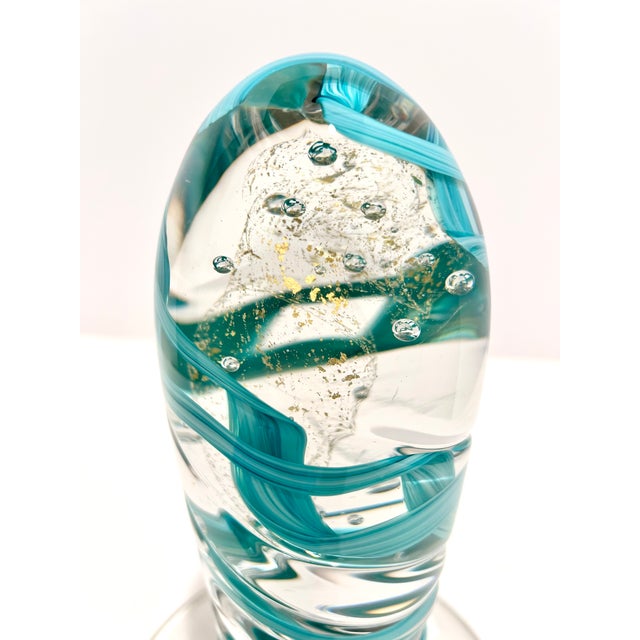 Contemporary Signed Stephen Rich Nelson Studio Art Glass Sculpture 1990 Turquoise Ribbon Aventurine Bubble Glass Paperweight 10.5” For Sale - Image 3 of 10