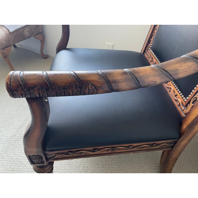 Traditional Late 20th Century Carved Throne Armchair With Black Leather Upholstery and Nailhead Trim For Sale - Image 3 of 4