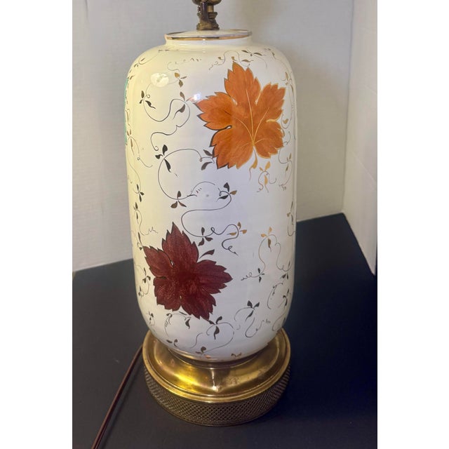 Ceramic Vintage Mid-Century Modern Hand-Painted Ceramic Table Lamp With Grape Leaves & Gold, Brass Base For Sale - Image 7 of 12