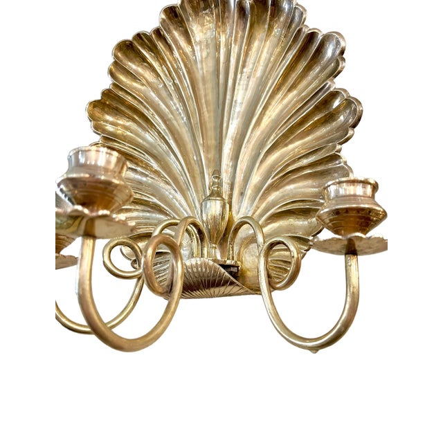 Pair Vintage Hollywood Regency Large Size Grotto Style Brass Shell Three Light Wall Sconces For Sale - Image 9 of 11