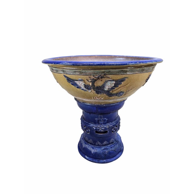 Antique Yellow and Blue-Glazed Planter Pot From Guangdong Province With Stand For Sale - Image 9 of 10