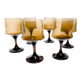 Vintage Mid Century Libbey Tawny Stemmed Wine Glasses in Smoke Brown - Set of 6 For Sale