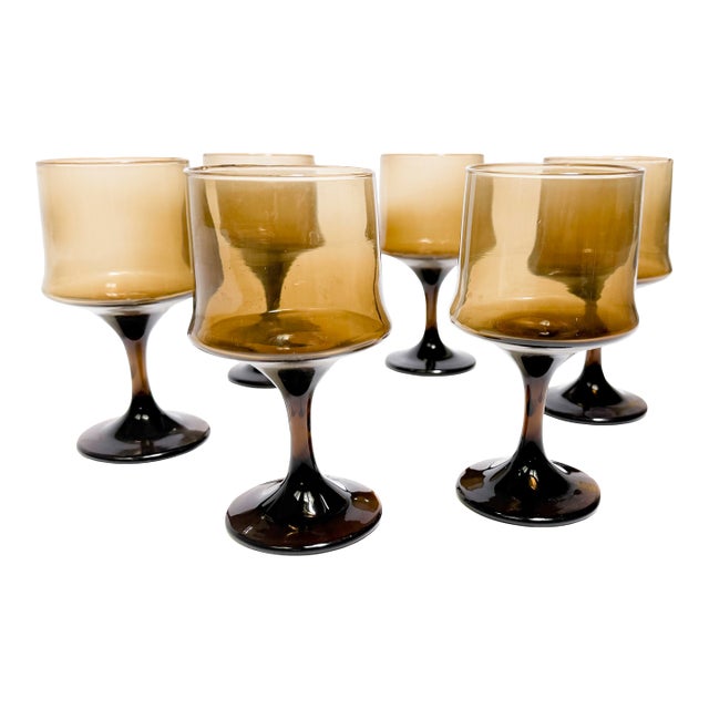 Vintage Mid Century Libbey Tawny Stemmed Wine Glasses in Smoke Brown - Set of 6 For Sale