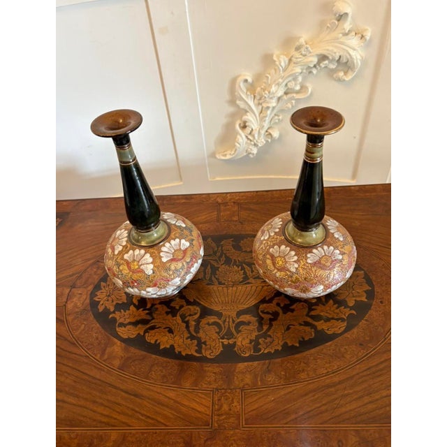 Pair of antique Victorian quality Royal Doulton Slater stoneware vases having a lovely pair of quality shaped Royal...