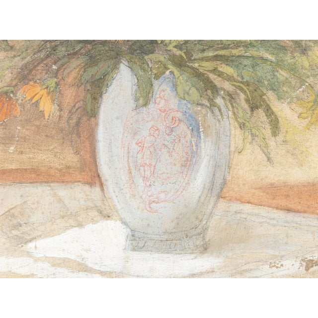 Brown Art Deco Flowers, Watercolor on Thick Paper, Framed For Sale - Image 8 of 12