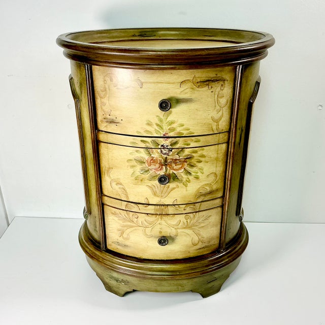 This is a lovely hand-painted vintage 3-Drawer storage Cabinet in the style of an Italian Maitland-Smith piece. We love...