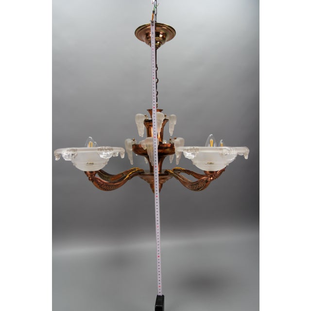 Art Deco French Frosted Glass, Brass, and Copper Chandelier, 1930s For Sale - Image 15 of 18