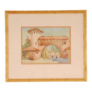 1920s Spanish Village Watercolor Painting by Frances Keffer, Framed