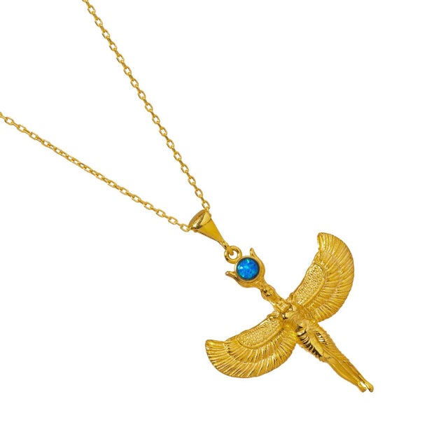 Early 21st Century Goddess Isis Pendant Blue Opal Stone & Gold Chain Necklace For Sale - Image 5 of 9