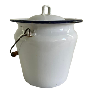 Antique White Enamelware Lidded Pail With Wooden Handle, Early 1900s