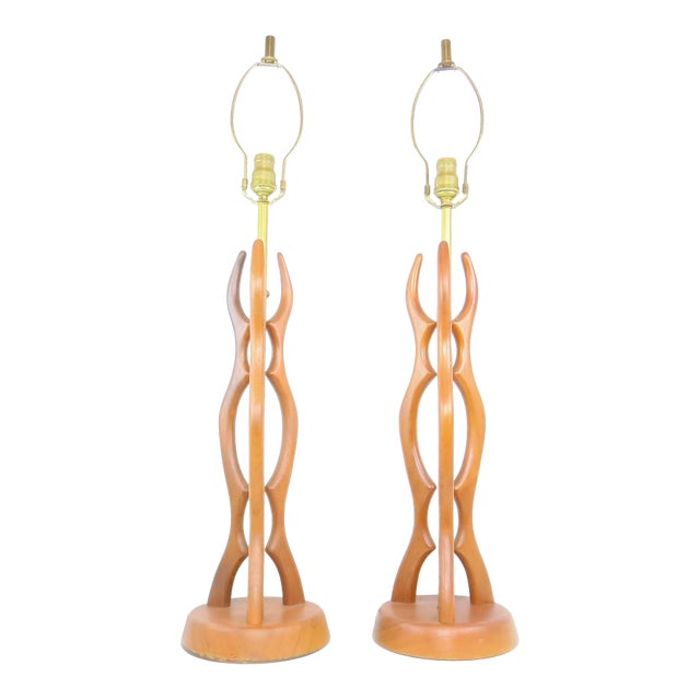 Vintage Adrian Pearsall Sculptural Walnut Table Lamp - a Pair For Sale