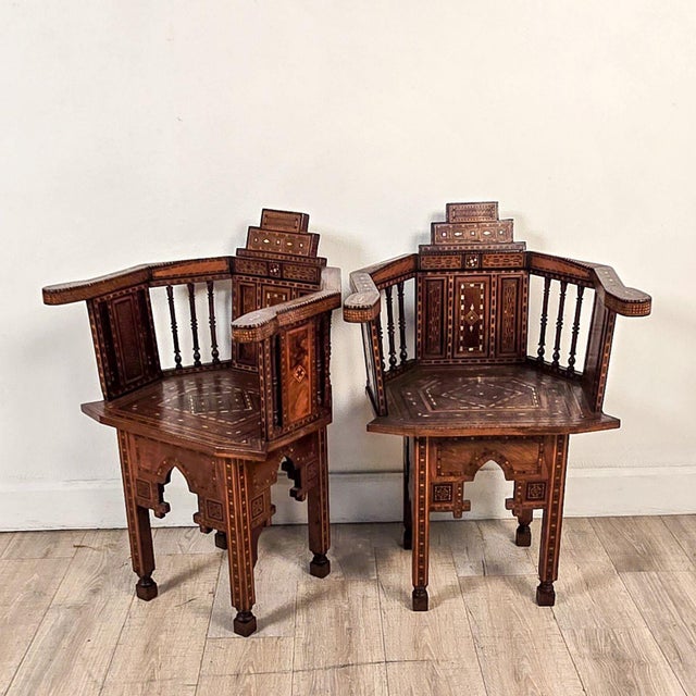 A pair of Syrian shell inlaid hall chairs, circa 1960. Seat height 18".