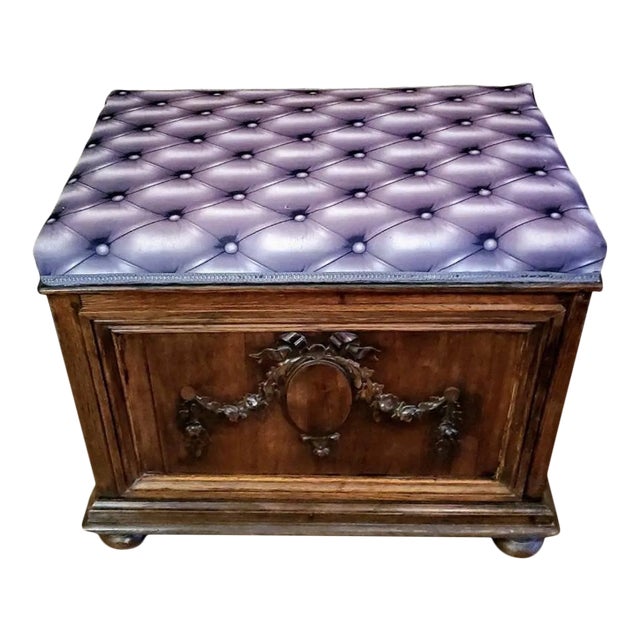 Antique French Oak Coffer Blanket Chest Storage Bench With Modern Trompe L’oeil Faux Cushioned Seat For Sale