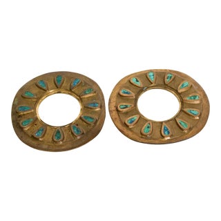 1958 Pepe Mendoza Cloisonné Round Malachite & Bronze Door Knob Plates, Mexico - a Pair For Sale