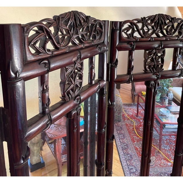 Antique Asian Mirrored Four Panel With Carved Details Folding Screen For Sale - Image 4 of 12