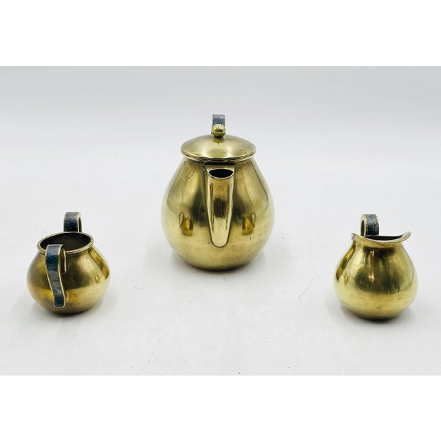 Metal 1950s Los Castillo Taxco Brass & Stone Inlaid Tea Set, Mexican Modernism - Set of 3 For Sale - Image 7 of 18