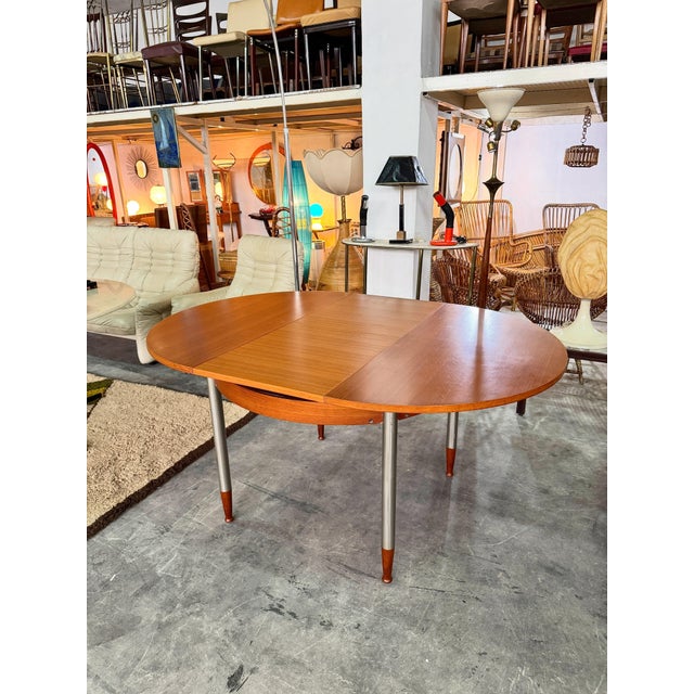 Extendable Round Table with Teak Top and Feet and Satin-Finish Metal Legs, 1960s For Sale - Image 6 of 8