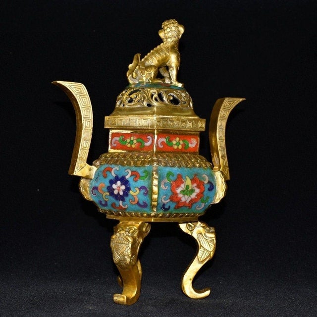 Vintage Cloisonne Enamel Incense Burner – 11.8" Gilt Lion Censer With Hexagonal Body For Sale - Image 4 of 9