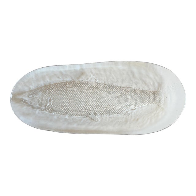 Mid 20th Century French Art Glass Fish Platter, Sculptural Molded With Textured Relief For Sale