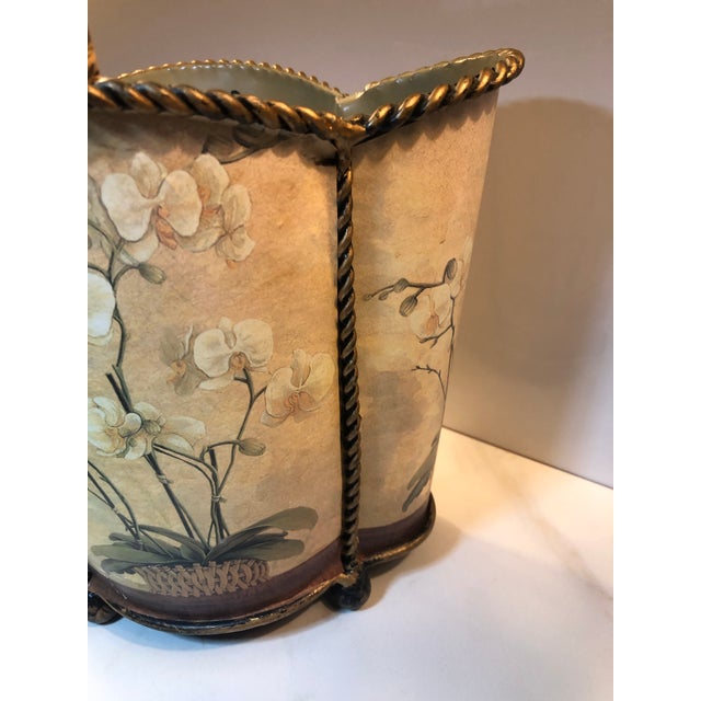 Mid 20th Century Vintage Tole Orchid Wastebasket With Scalloped Edge For Sale - Image 5 of 10