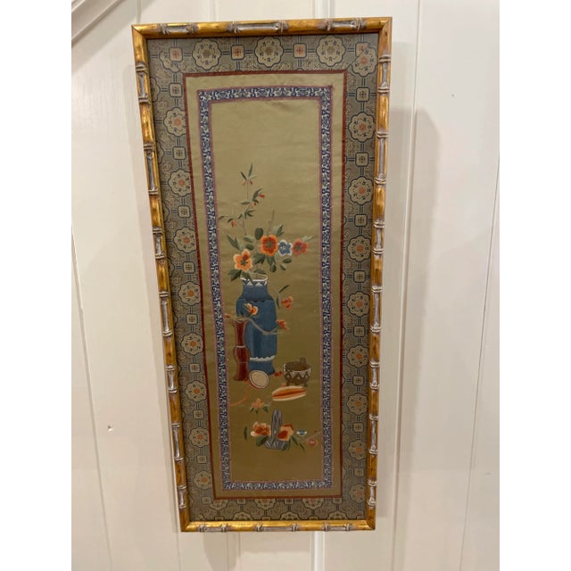 Hollywood Regency Large Mid 20th Century Chinese Asian Silk Flowers Embroidery Panel in Gold Bamboo Frame For Sale - Image 3 of 9