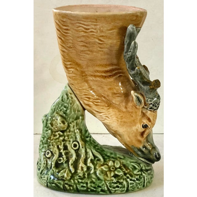 Charming small majolica accent vase fashioned with a stag's head. Great for a cabin, farmhouse or any space you would like...
