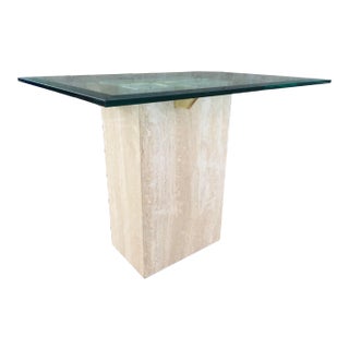 Artedi Brass-X Pedestal Glass End Table in Polished Travertine Italy For Sale