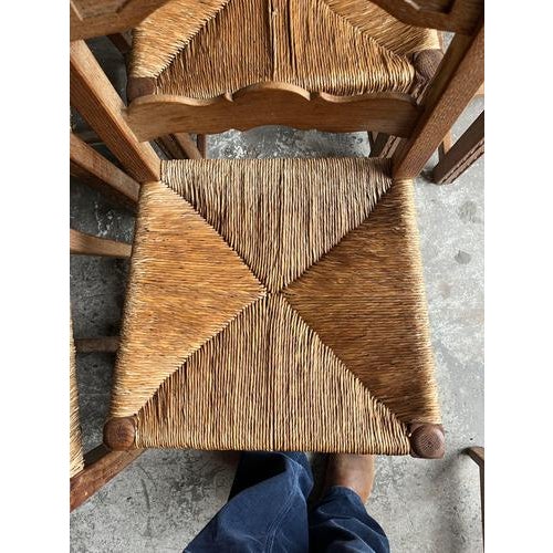 Brown Carved Oak Chairs with Rush Seats, 1950s, Set of 6 For Sale - Image 8 of 14