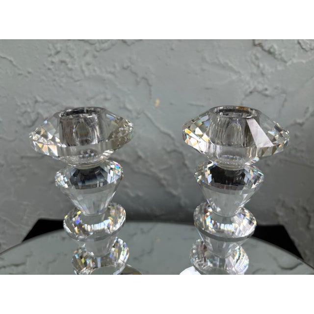 Late 20th Century Pair of Simon Designs Faceted Crystal Candlesticks – Geometric Art Deco Style For Sale - Image 5 of 12