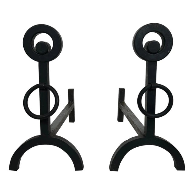 Pair of modernist wrought iron andirons For Sale