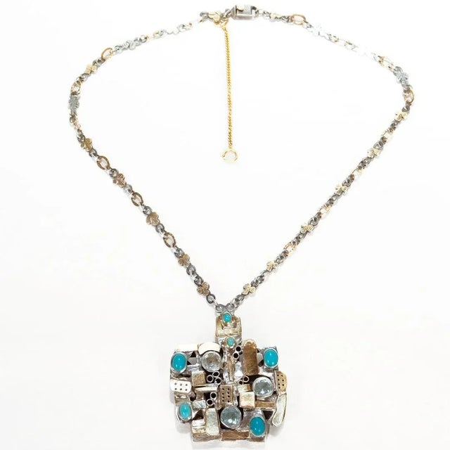 Metal Vintage Signed Modernist 1970's Gold, Silver, & Gemstone Necklace/Brooch by Resia Schor For Sale - Image 7 of 12