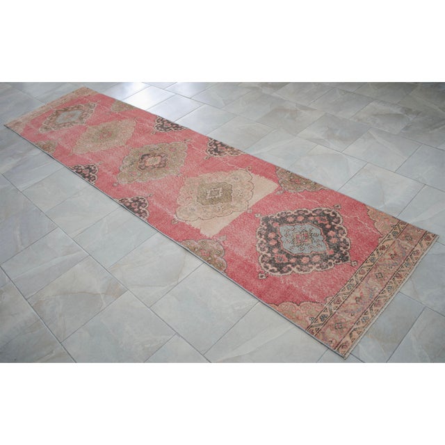 Pink 3x12 Vintage Oushak Runner Rug Coral Pink Hallway Runner Authentic Turkish Rug For Sale - Image 8 of 13