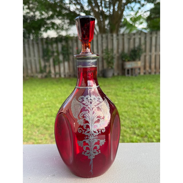 Victorian 1930s Bohemian 10" Ruby Red Decanter Victorian Sterling Silver Overlay For Sale - Image 3 of 11
