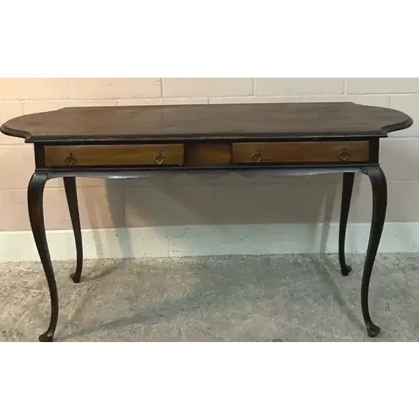 The Scholar’s Alcove: Dark Academia Library Desk & Jacquard Emerald Armchairs Suite For Sale - Image 4 of 7