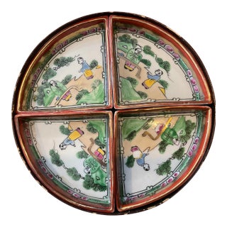 Late 19th Century Famille Verte Condiment Dishes in Carrier With Painted Lid- 5 Pieces For Sale