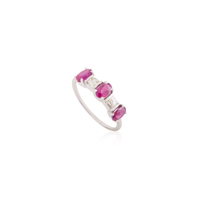 Asian 14k White Gold Statement Oval Ruby and Baguette Diamond Three Stone Ring Size 6 For Sale - Image 3 of 14