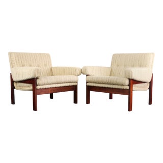 Danish Mid Century Modern Lounge Chairs in Rosewood and Nubby Original Fabric - a Pair For Sale